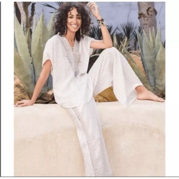 Johnny Was XL White Milo 100% Linen embroidered wide leg Pants NWOT